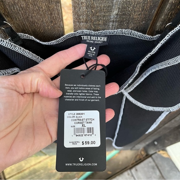 True Religion Black with White Contrast Stitch Corset Tank Top NWT Sz XL - Picture 5 of 12